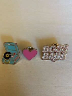 Enamel Pin Set - Turquoise Record Player, Pink Heart, 'BOSS BABE'